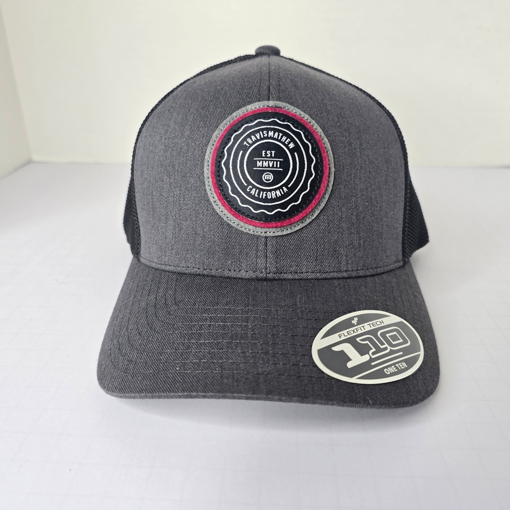 Travis Mathew The Patch Heather Grey Black Mesh Flexfit 110 Trucker Hat OS